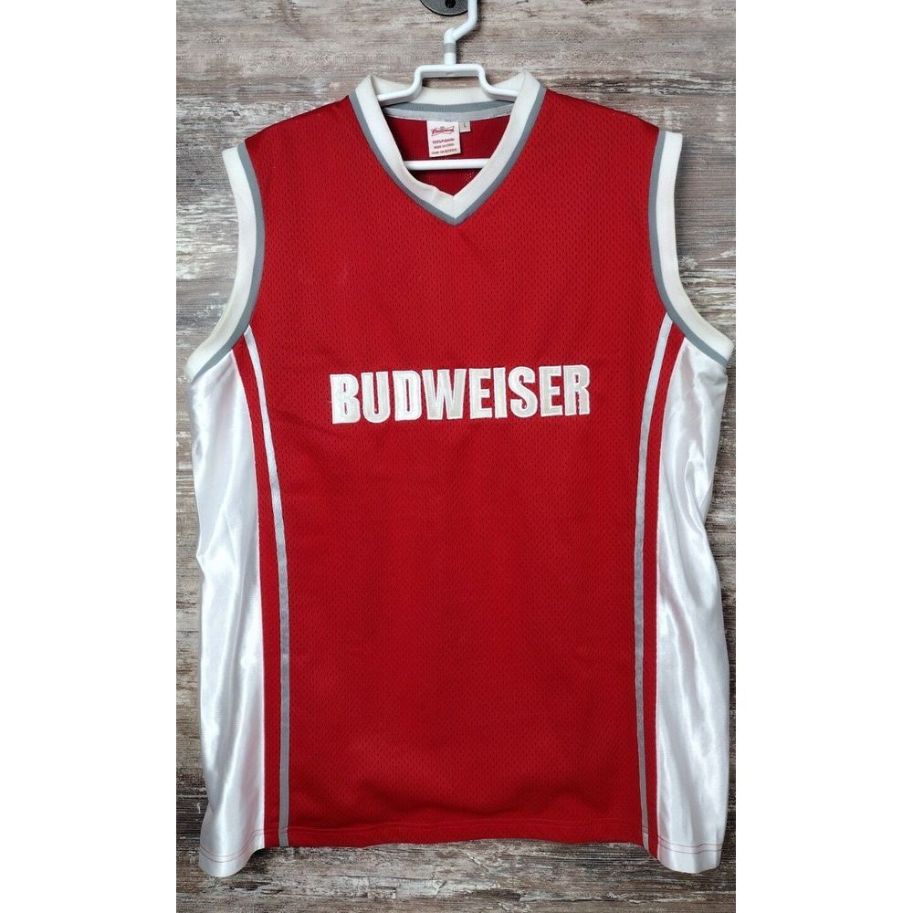 BUDWEISER Official Shirt Sleeveless Jersey Thick Red DBL Mesh Bud Embroidered L